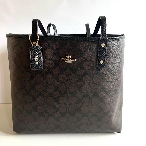 COACH 🐎 REVERSIBLE Leather City Tote in Black and Signature Brown Logo 🤎 LARGE! - Picture 1 of 10